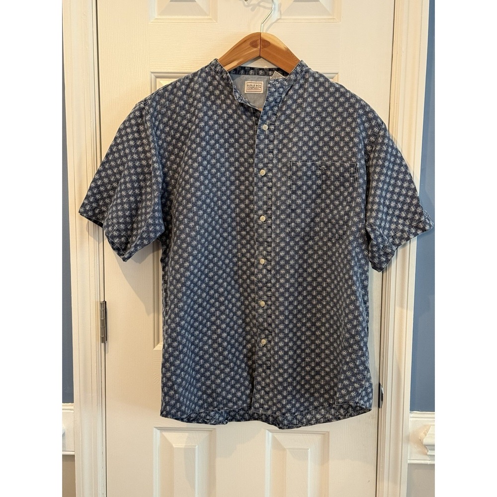Vintage 80s 90s Bugle Boy Men's Size Medium Blue Pattern Band Collar Buttton Up